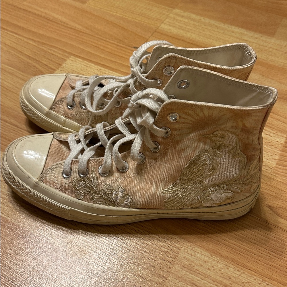 Converse All Star Cream and Salmon Pink High-Tops with gorgeous bird Embroidery